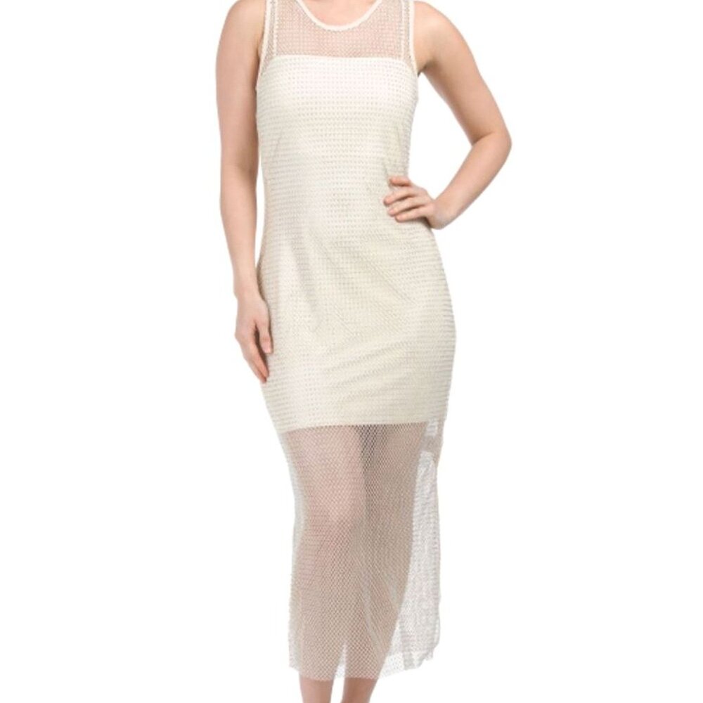 NWT House of Harlow 1960 | Rhinestone Embellished Mesh Midi Dress Cream | Medium